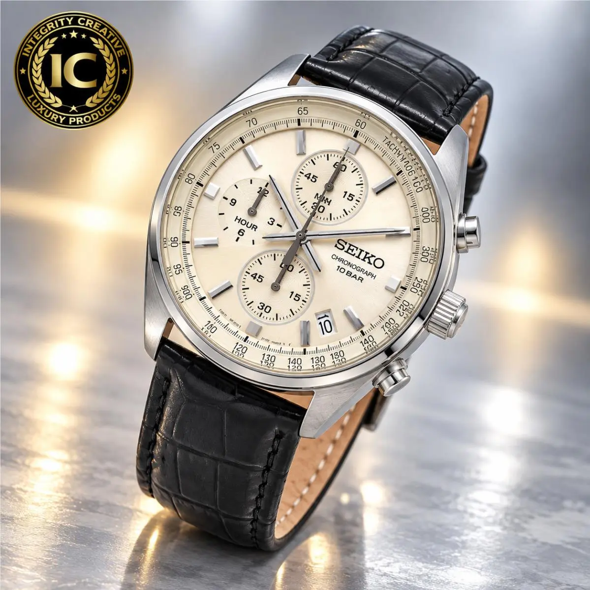 Mens Seiko 42MM Quartz Watch Cream Tan Dial Black Leather Band Strap Silver Case