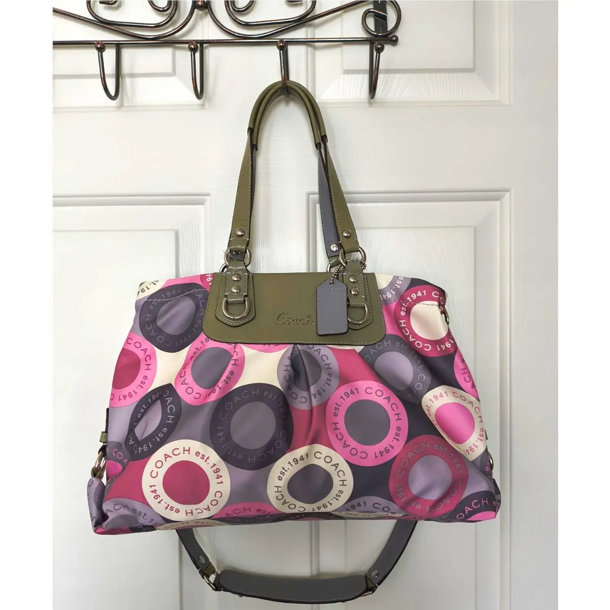 Coach Large Logo Print Satchel Zip Bag Pink/gray w/ Detachable Strap