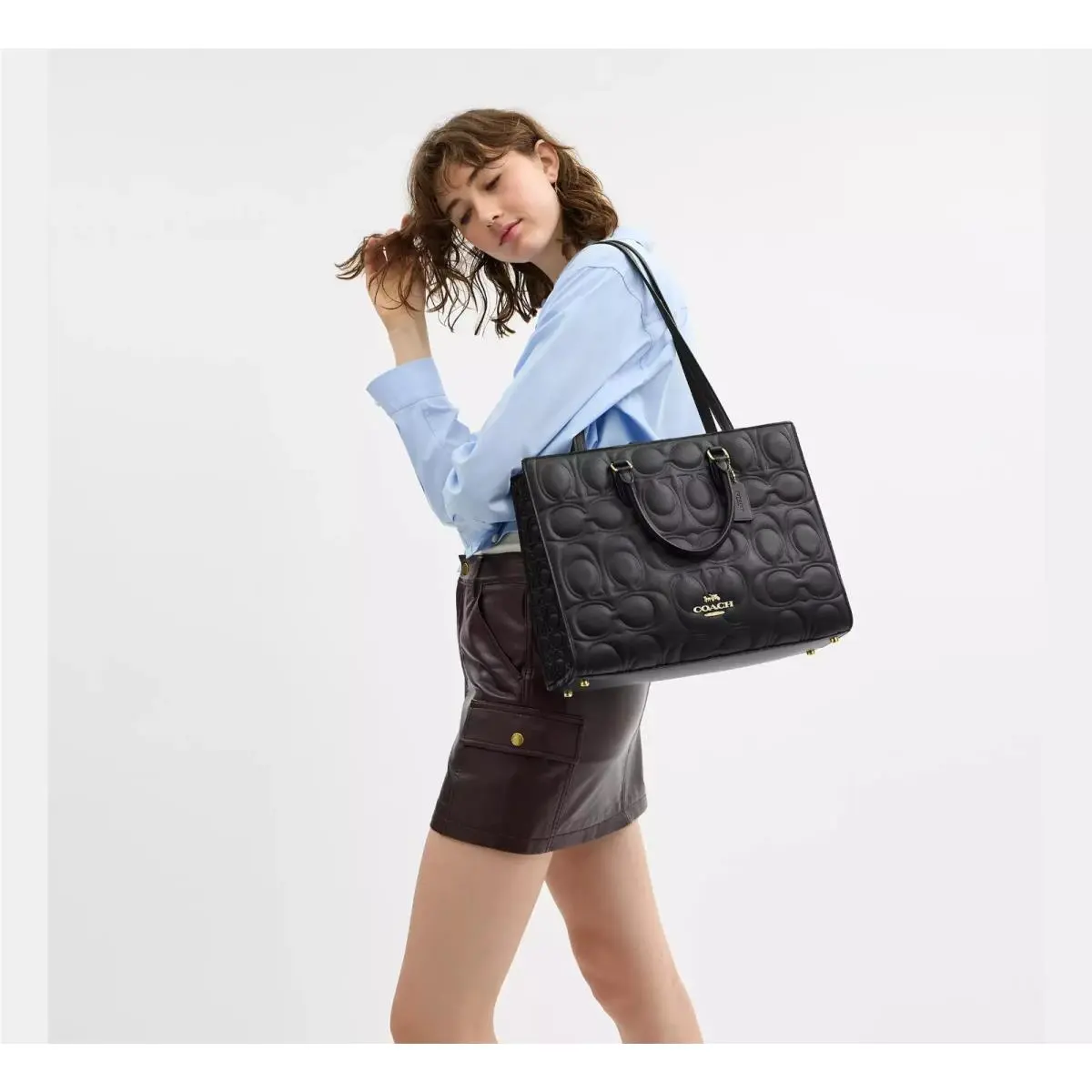 Coach CY672 Maggie Large Tote Bag In Signature Leather Black