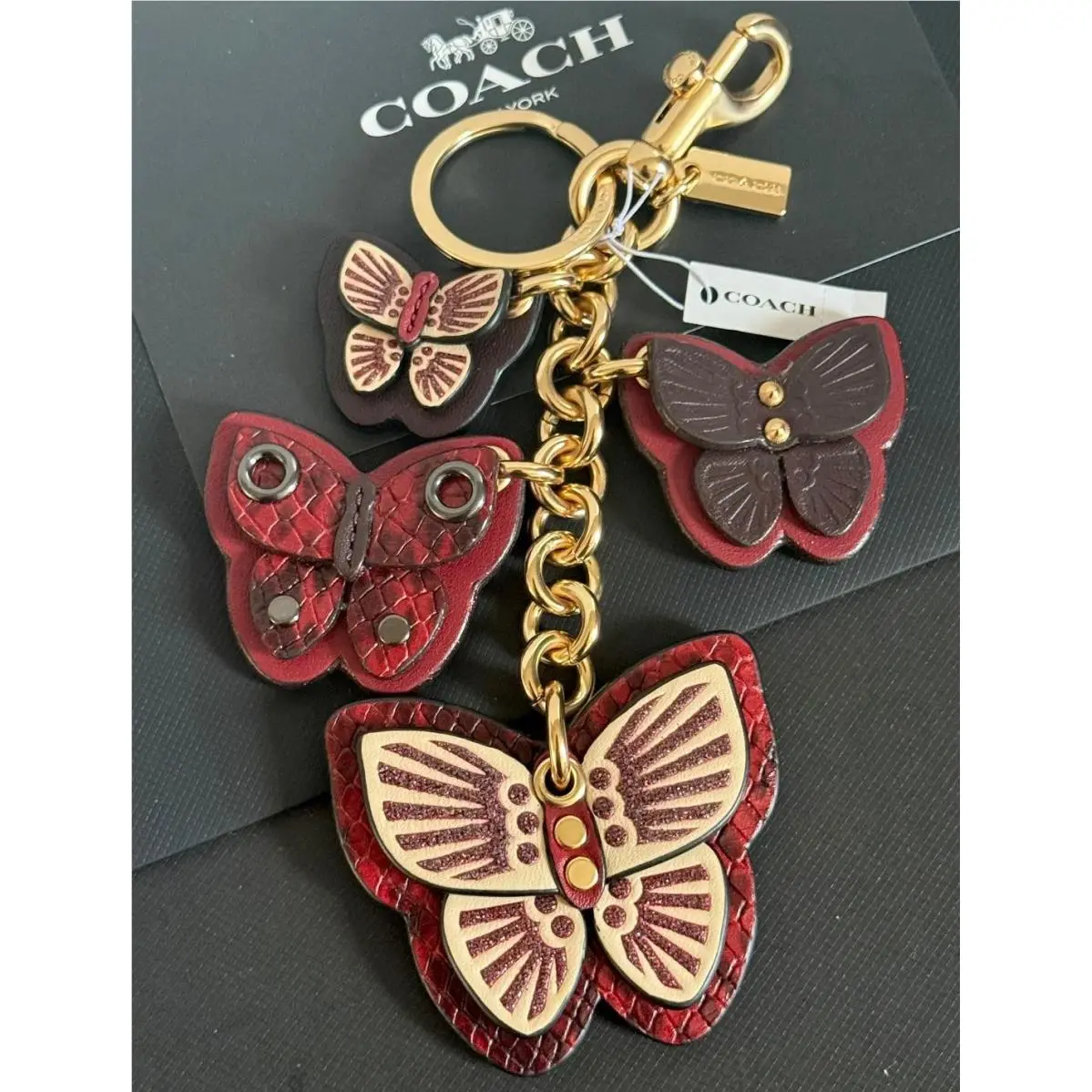 Coach Butterfly Burgundy Leather Cluster Bag Charm Keychain Ring Fob 1674