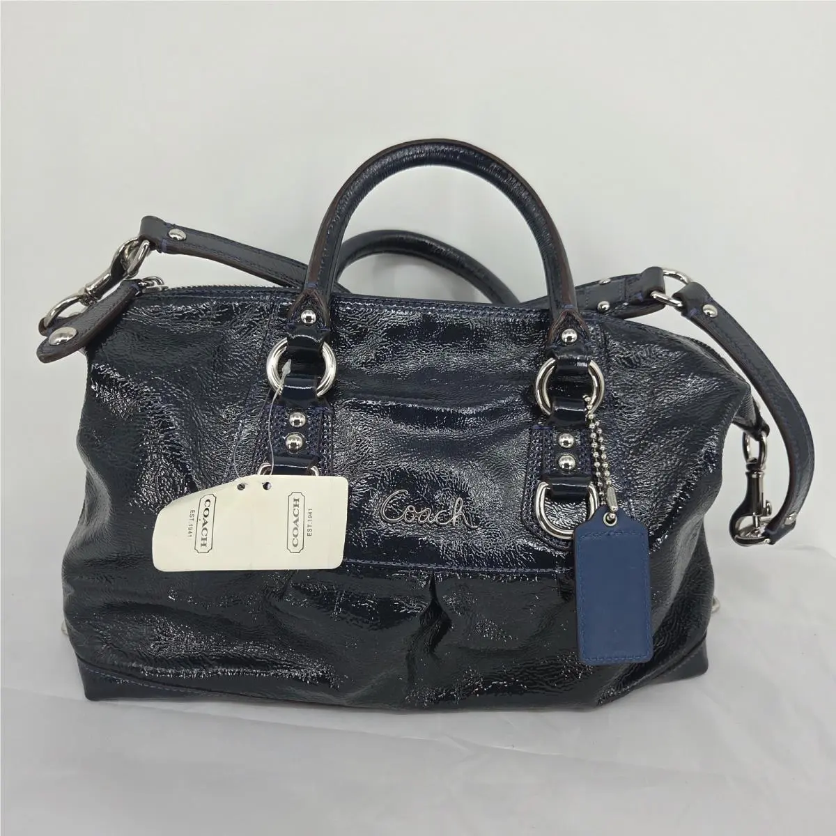 Coach F15455 Ashley Patent Leather Satchel Handbag Dark Blue