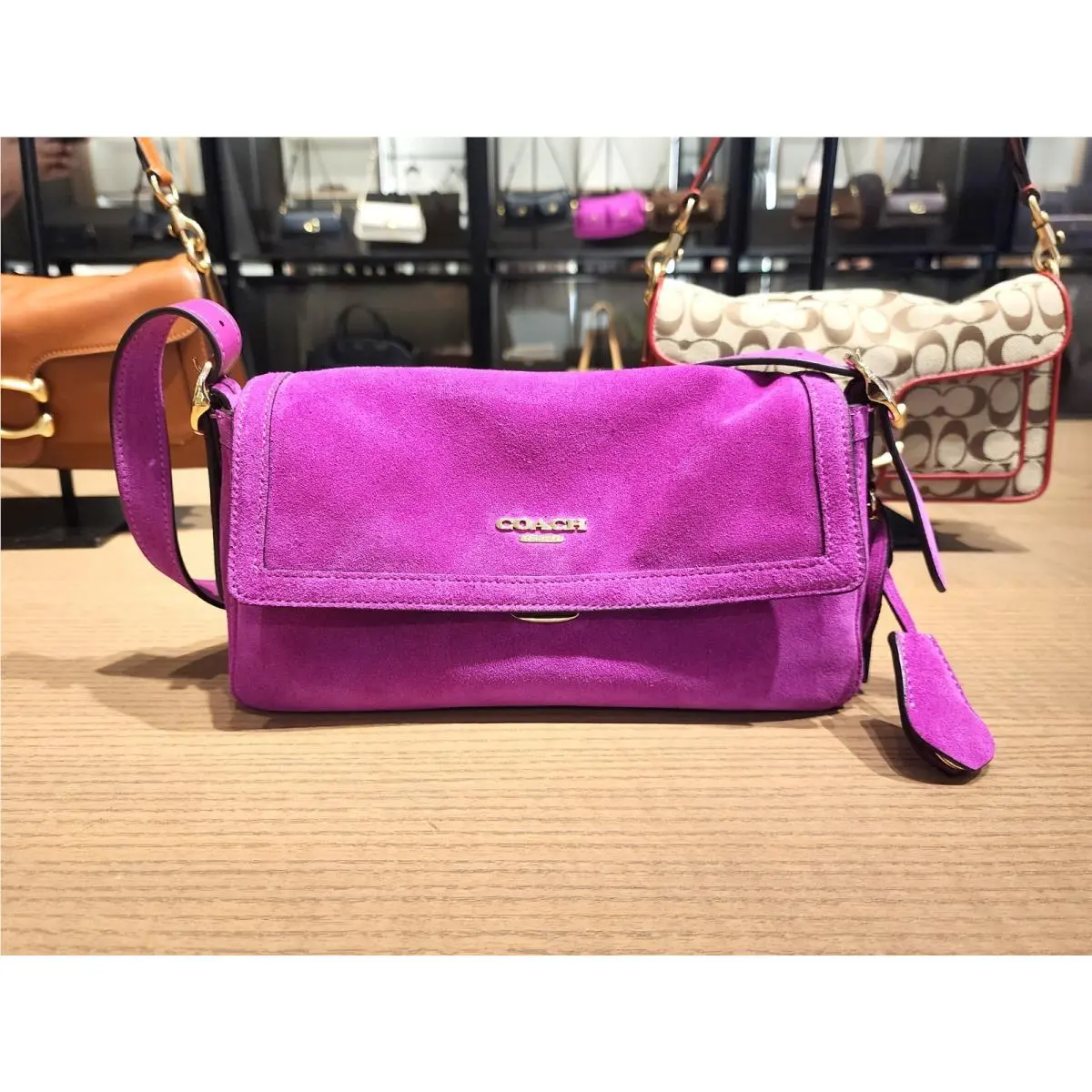 Coach Etta Small Flap Shoulder Bag Magenta Suede CGV53