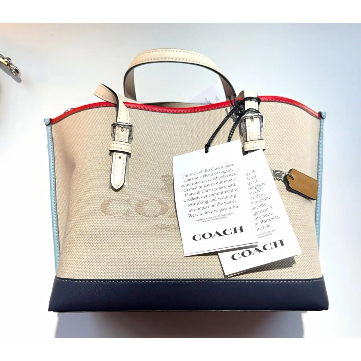 Coach Logo Satchel Beige/navy/red Colorblock Zip Detachable Crossbody Strap