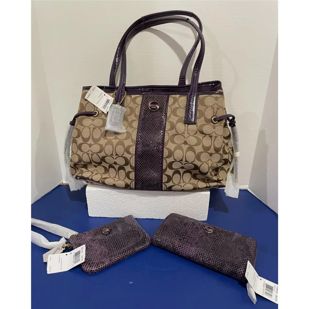 Coach Signature Monogram Purple Python Satchel Purse Wallet and Wristlet