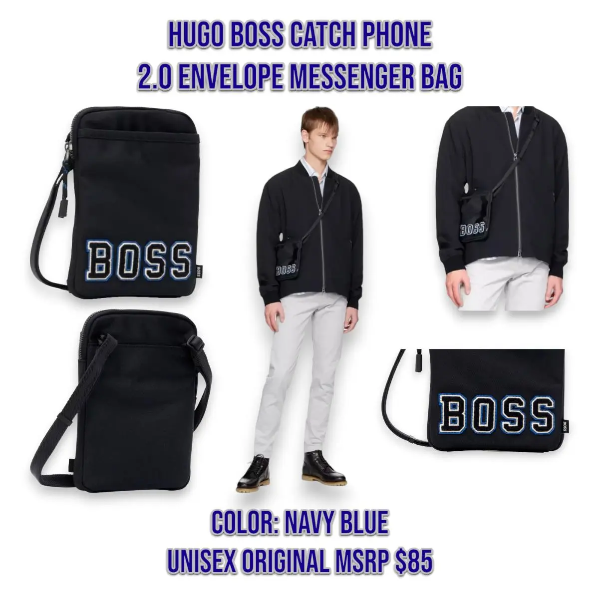 Catch Phone 2.0 Envelope Messenger Bag Navy Blue Unisex _A1 by Hugo Boss
