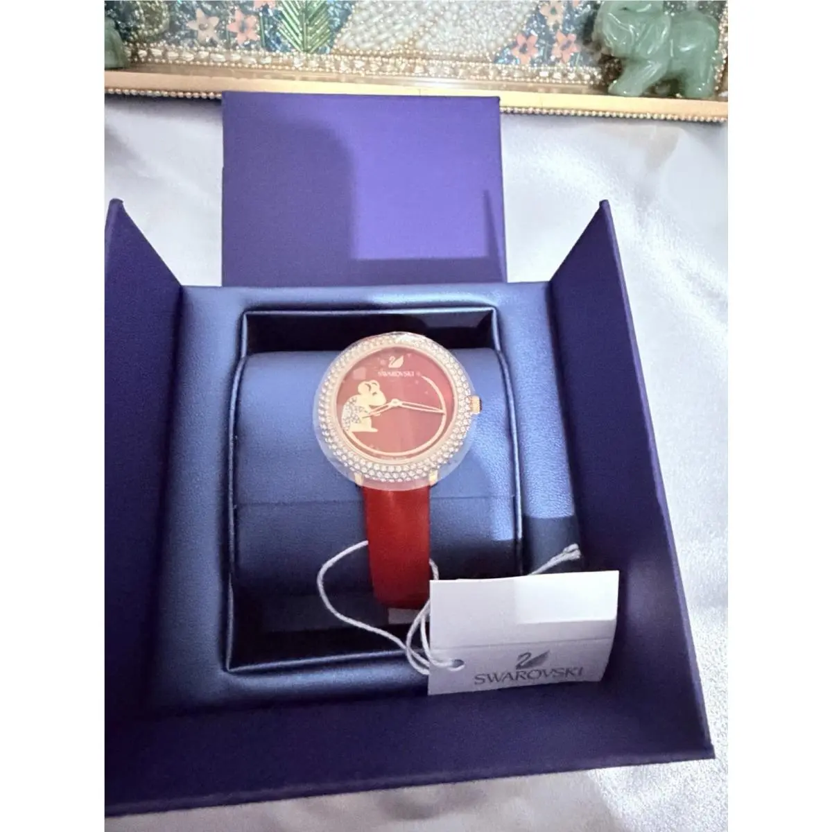 Red Mouse Leather Watch Women Crystal Gold by Swarovski