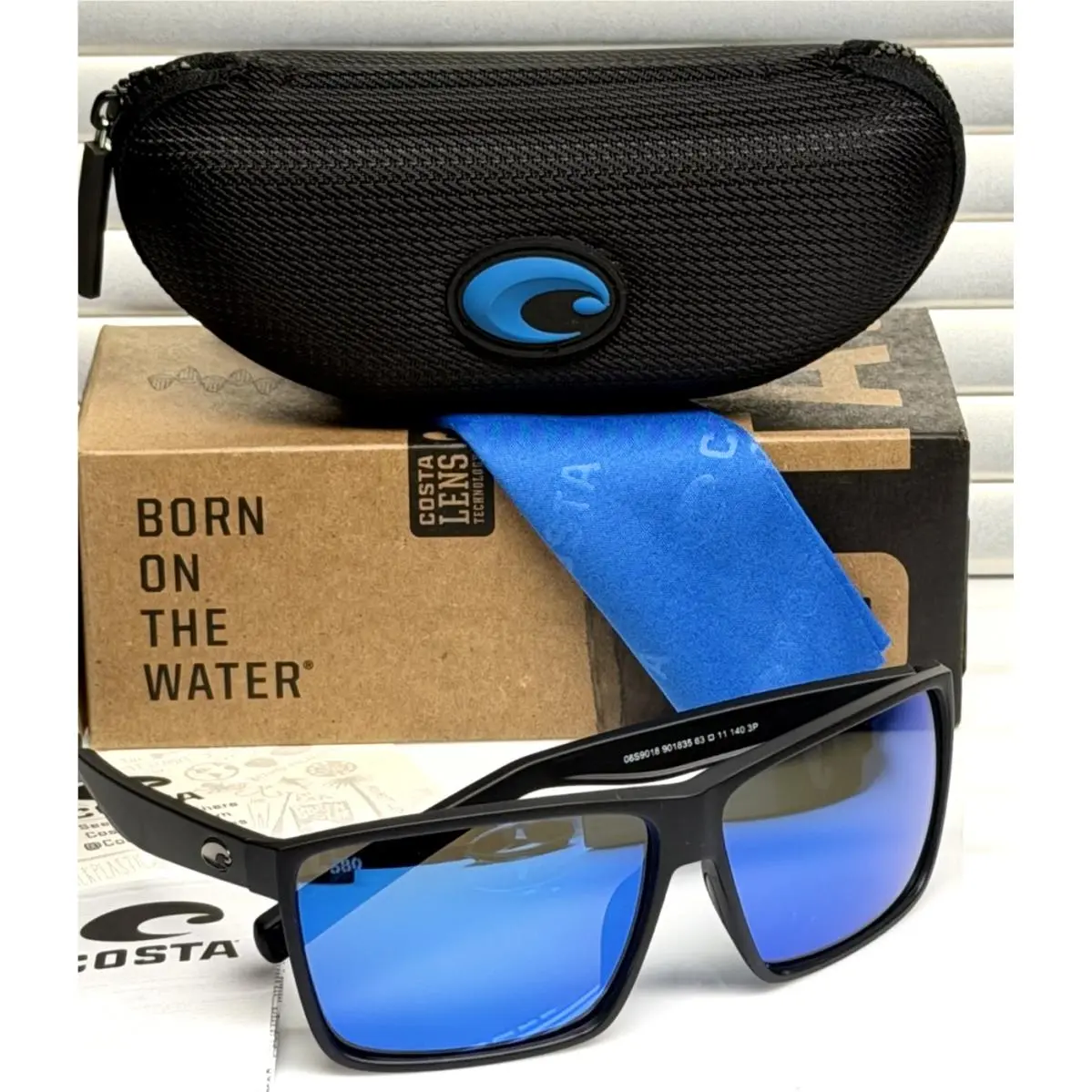 Costa Del Mar Rincon Sunglasses Matte Black Blue Mirrored Polarized Glass W/case