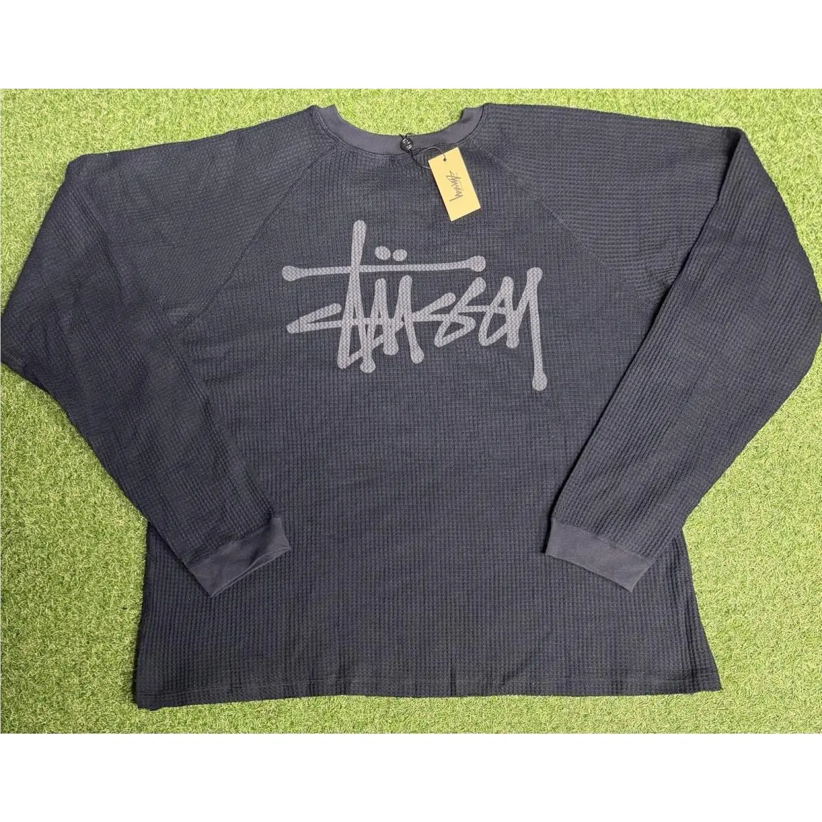 Stussy Waffle Knit Long Sleeve Shirt Navy Blue Mens XL Crewneck Thermal