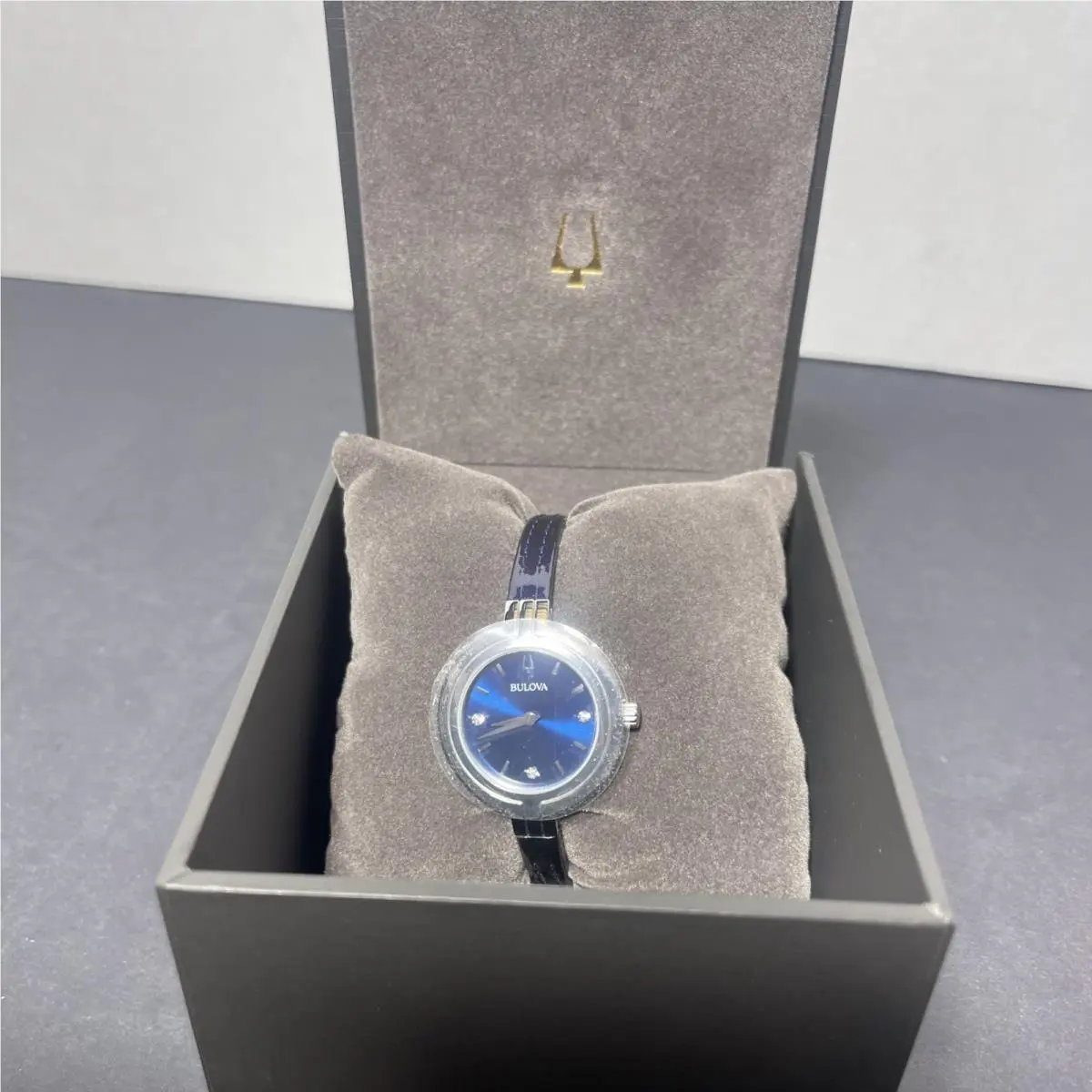 Bulova Rhapsody Women`s Watch 96P212 – Blue Dial – Blue Leather – Diamond
