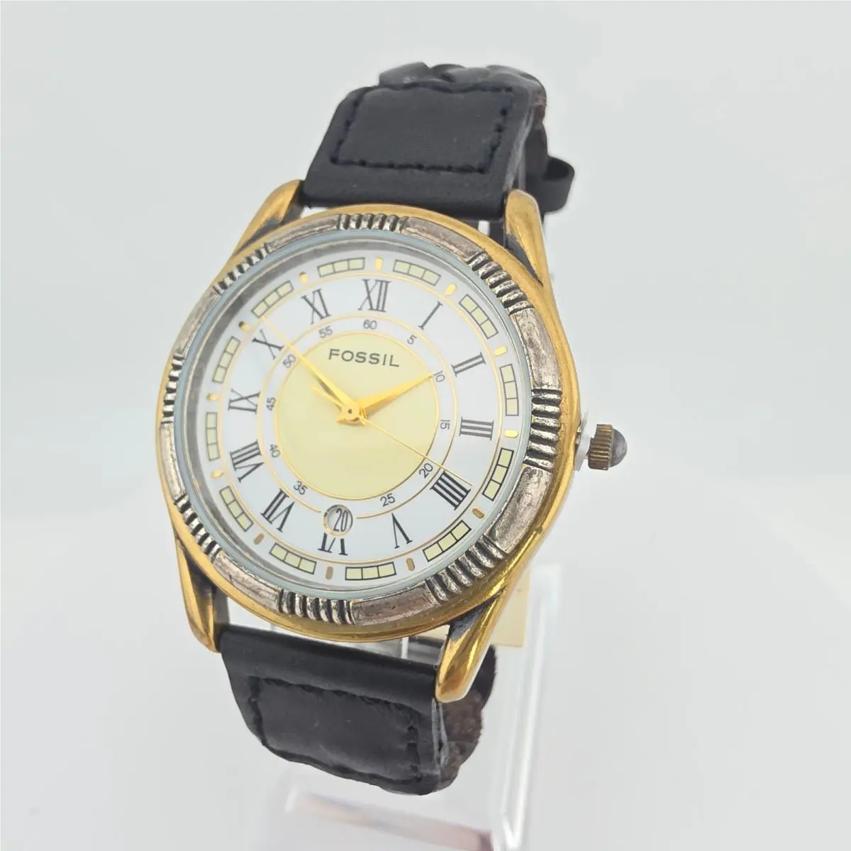 1990s Fossil Mens Watch EC6834 Date Black Leather Band Silver Gold Plate 8