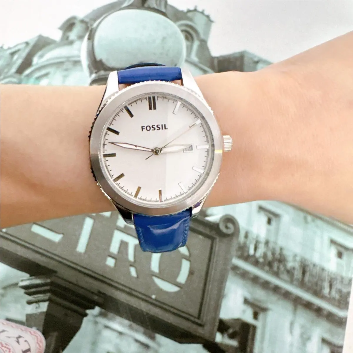 Fossil BQ3268 Women Watch Cobalt Blue Patent Leather Strap White Dial Quartz