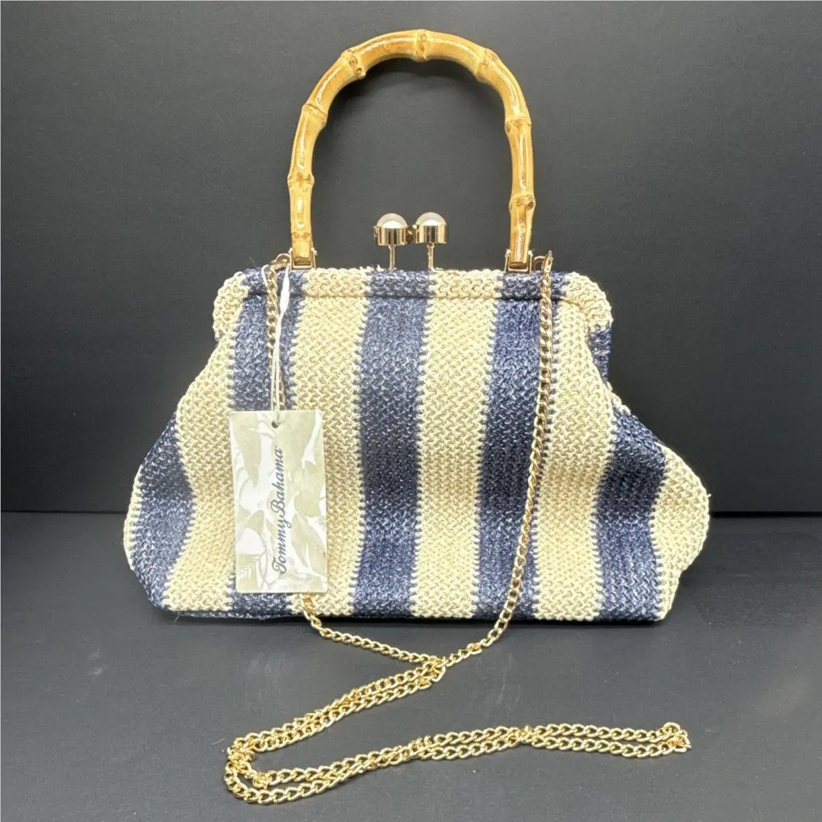 Striped Blue Beige Top Handle Bag Bamboo-style Clasp Lined by Tommy Bahama