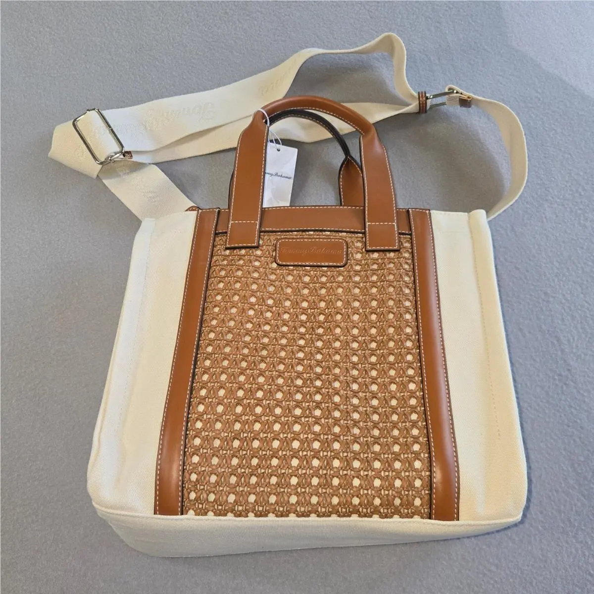 Tote Bag Women Small Cream Brown Woven Leather Trim Crossbody by Tommy Bahama