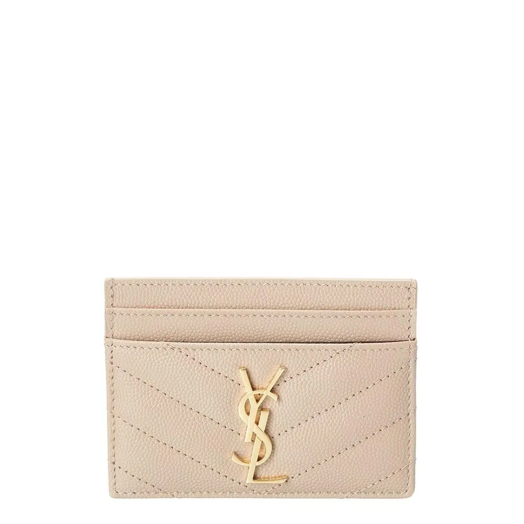 Saint Laurent Monogram Matelasse Leather Card Holder Women`s Beige