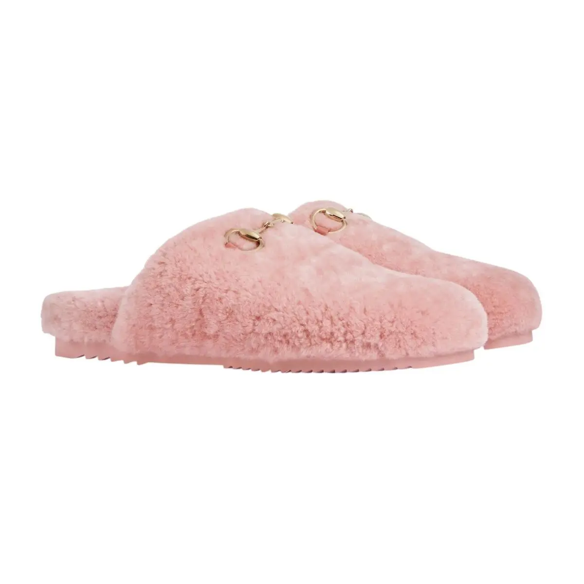 Women`s Gucci Pink Plush Merino Wool Horsebit Mules 852877 - Pink