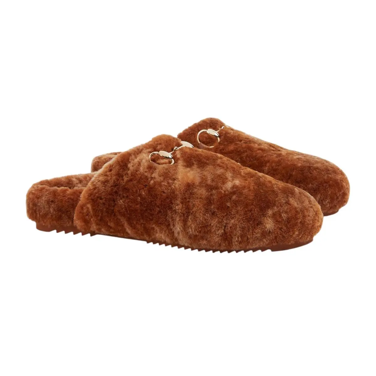 Women`s Gucci Brown Plush Merino Wool Horsebit Mules 852877