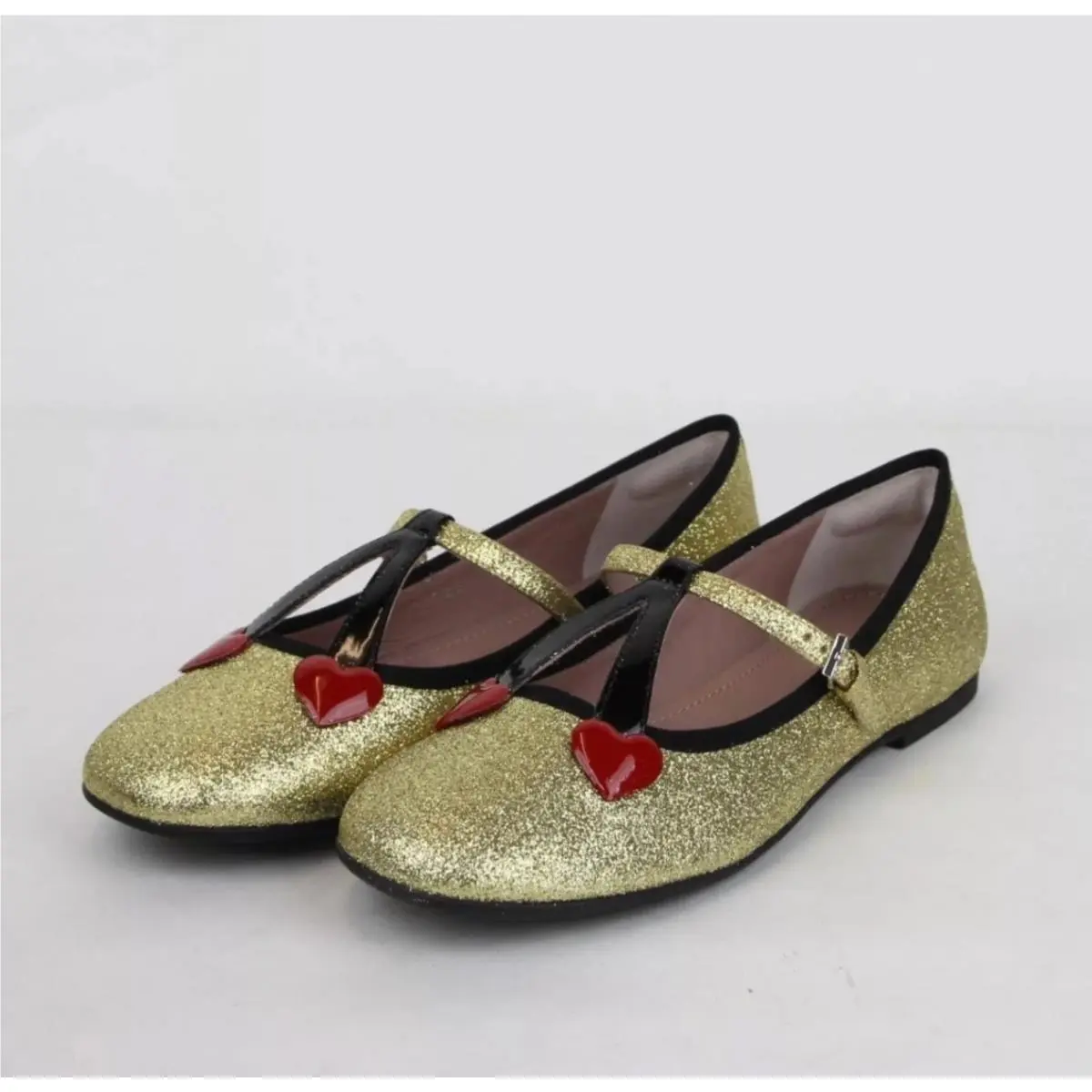 Gucci Junior Girls Gold Shimmer Cherry Heart Ballet Flats Size 34 439814 8090