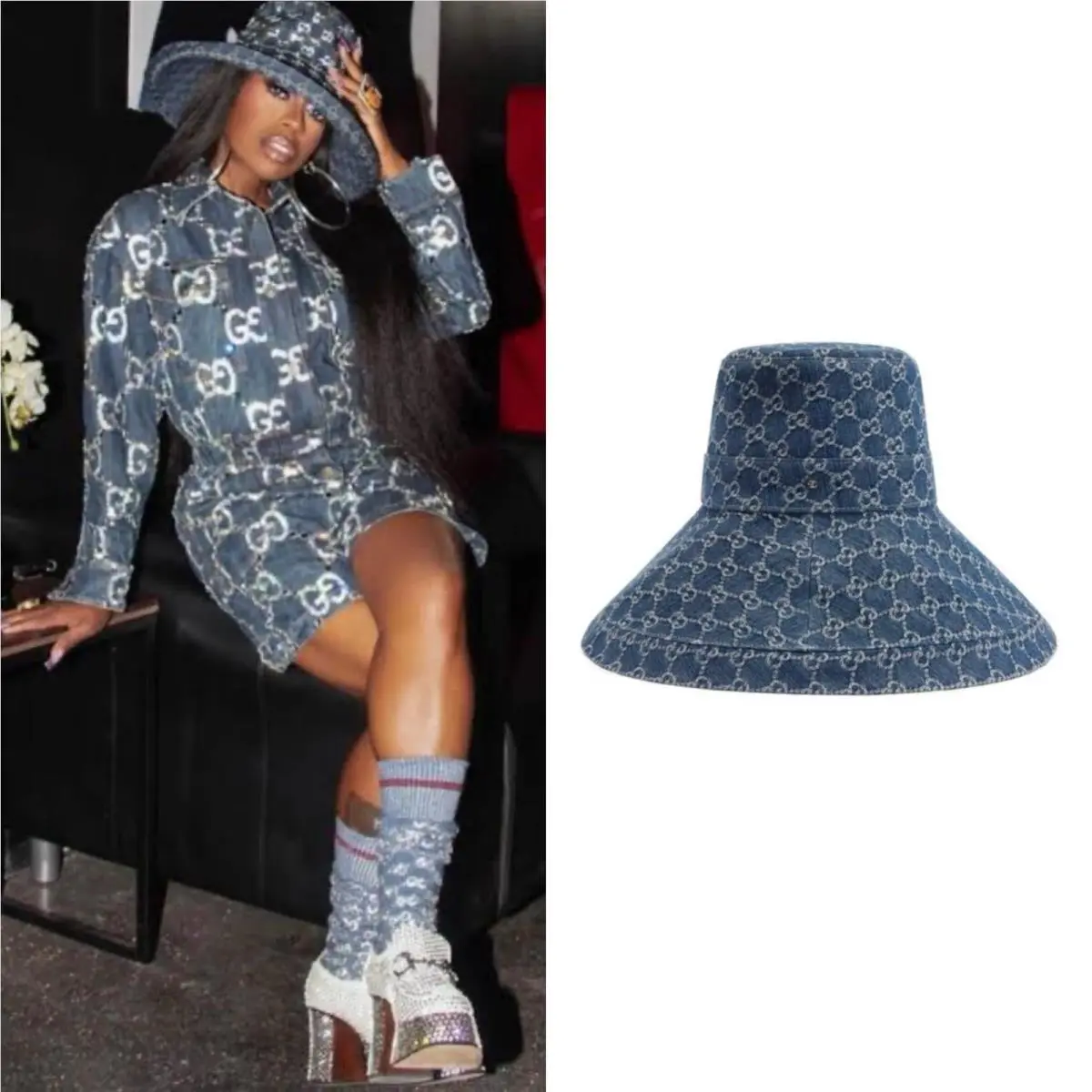 Gucci GG Canvas Wide Brim Hat Blue Eco Denim Bucket Sun Hat Incl Dust Bag M