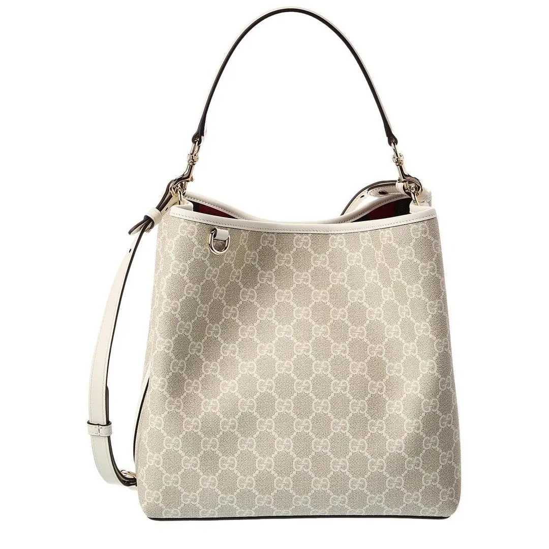 Gg Emblem Medium Gg Supreme Canvas Leather Bucket Bag Women`s Beige by Gucci