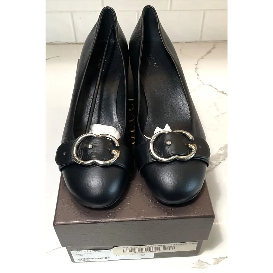 Gucci Sachalin Black Mid Heel Silver GG Logo Pump Shoe 370612 Sz 40