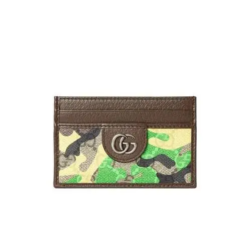 Men`s Gucci Brown GG Leather Canvas Camo Card Case Wallet 834795
