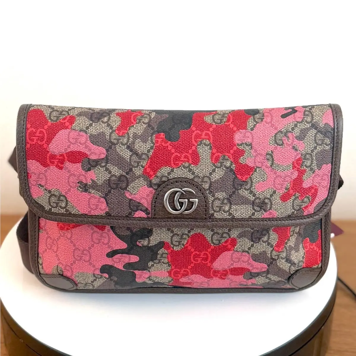 Gucci 752597 GG Supreme Pink Red Camo Belt Bag Waist Pouch Monogram