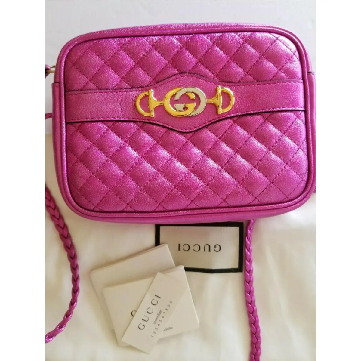 Gucci Quilted Metallic Leather Camera Bag Crossbody Shoulder Bag Fuchsia