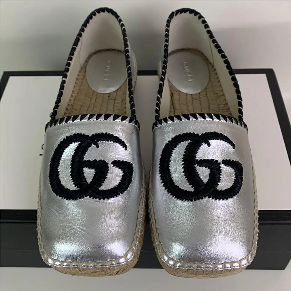 Gucci Espadrille GG Marmont Silver Metallic Slip on Shoes Womens Size 37 7