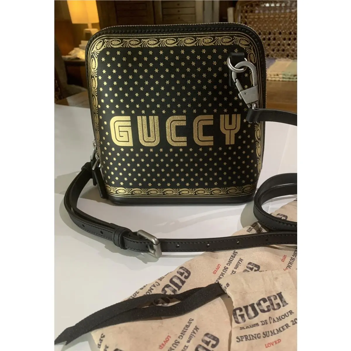 Gucci “guccy” Black Sega Script Dome Mini Crossbody Shoulder Bag