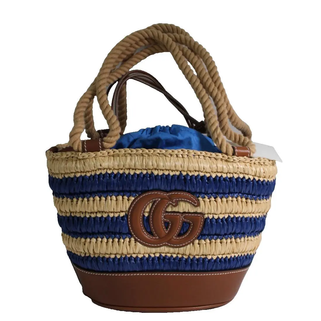 Woven Raffia Effect Leather Trim Drawstring Bucket Bag Handbag 834935 by Gucci