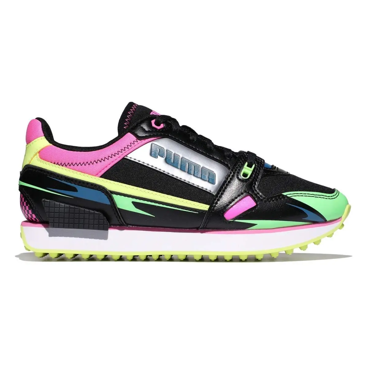 Puma Mile Rider Ski Getaway Women`s 7.5 Black Elektro Green Pink Sneakers