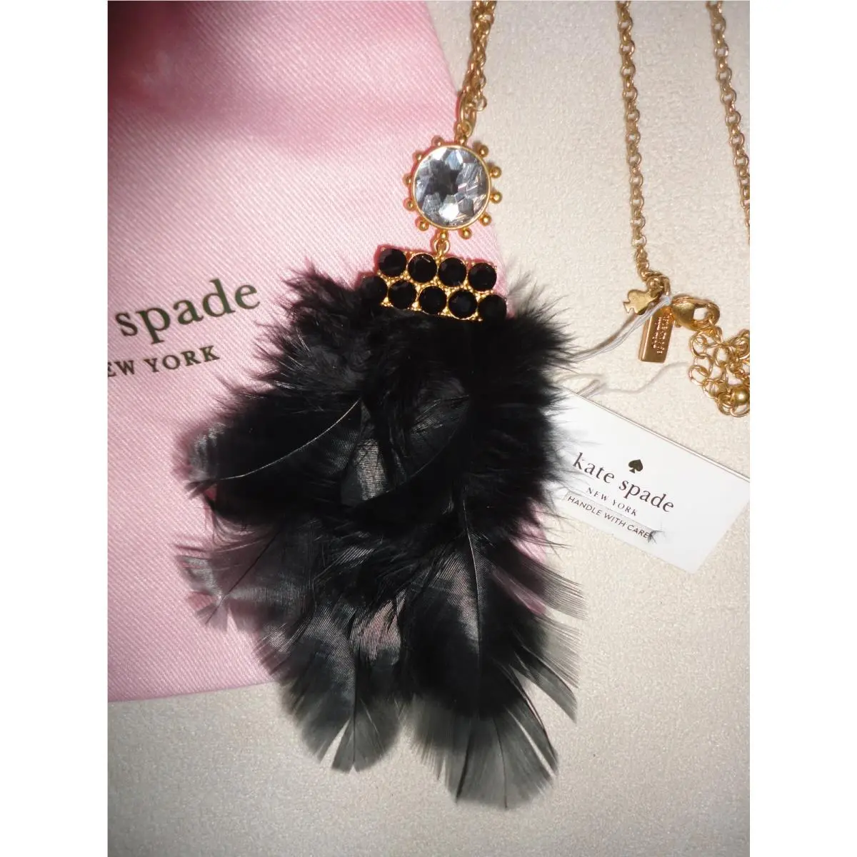 Kate Spade Rare Black Feather Bead Rhinestone 21 IN Elegant Pendant Necklace