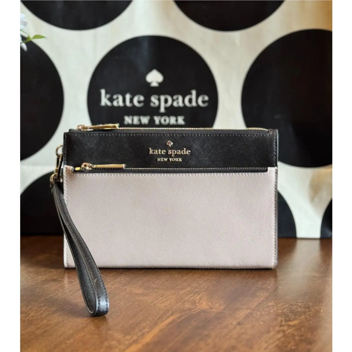 Kate Spade Staci Medium Double Zip Wristlet - Warm Beige / Black K6122