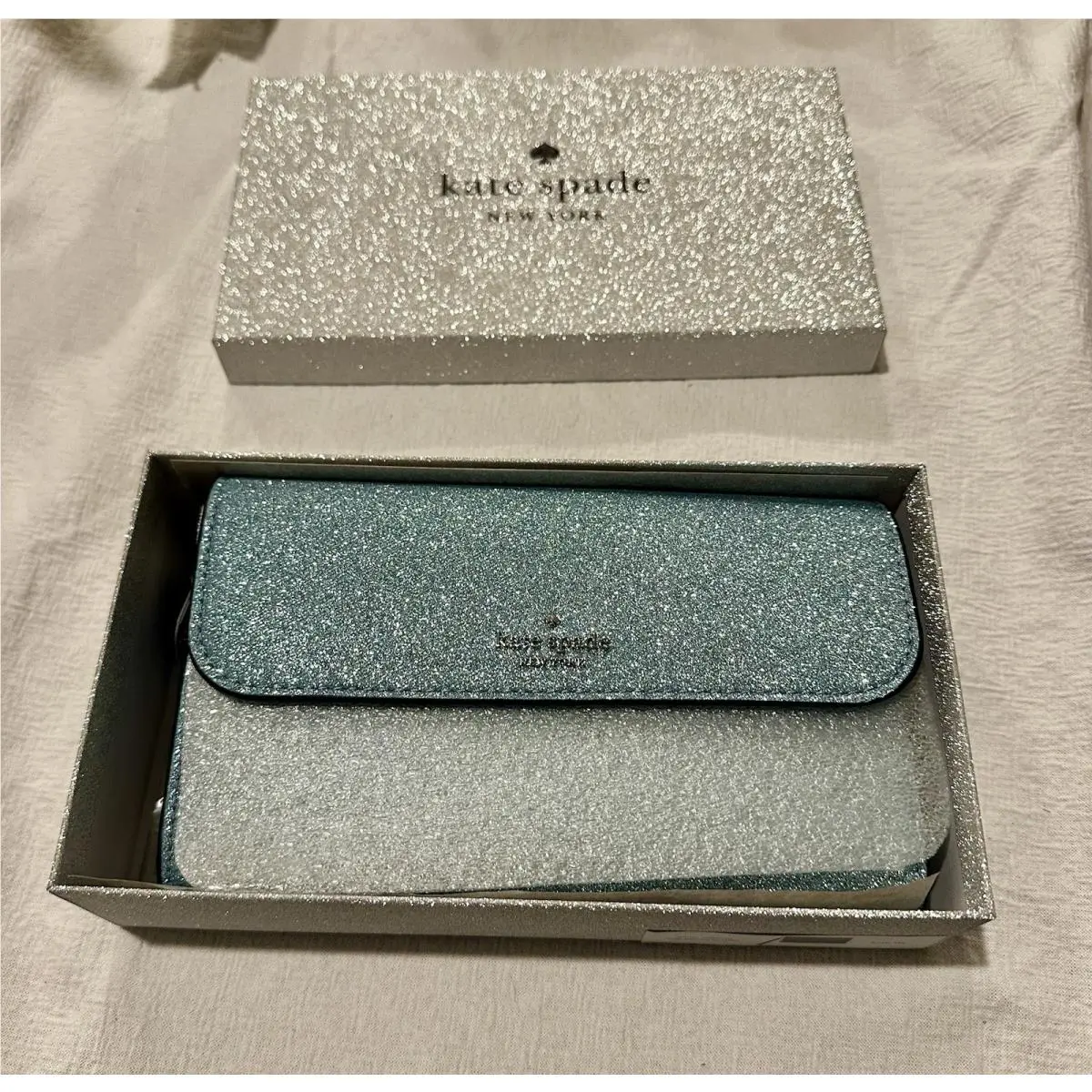 Kate Spade K9255 Medium Flap Phone Wristlet Wallet Glitter Frosty Sky