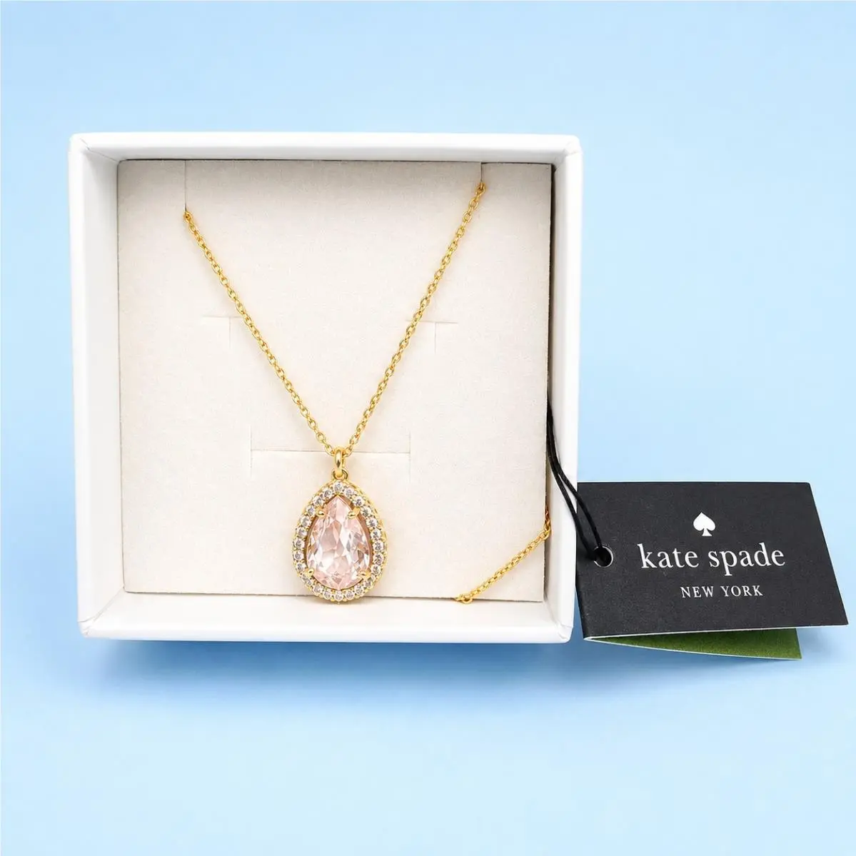 Kate Spade NY Gold Tone Pink Crystal Teardrop Pendant Necklace -3414