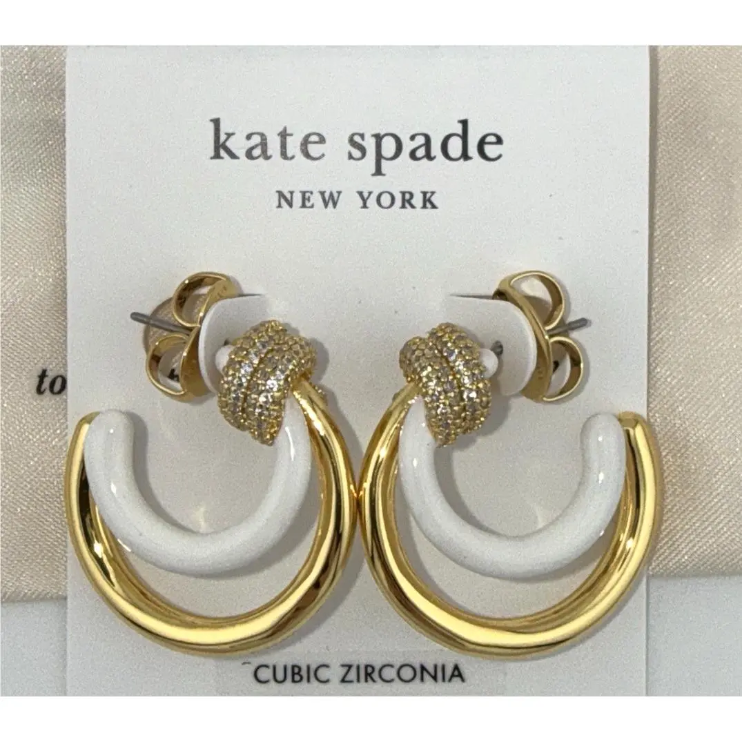 Kate Spade Rope Knot Pave Huggies Earrings C-hoops Gold Tone White Enamel CZ New