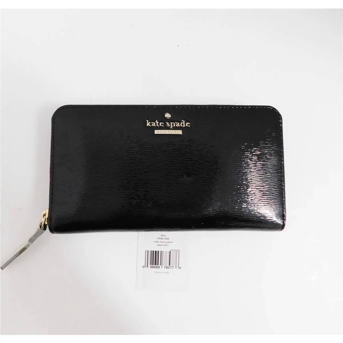 New Kate Spade Lacey Cobble Hill Black Patent Leather Zip Around Clutch Wallet