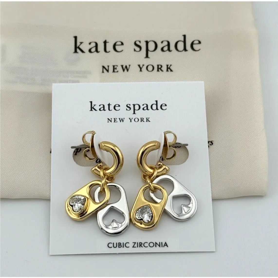 Kate Spade Heart Ace Charm Huggie Drop Earrings Two Tone Gold/silver Tone CZ New