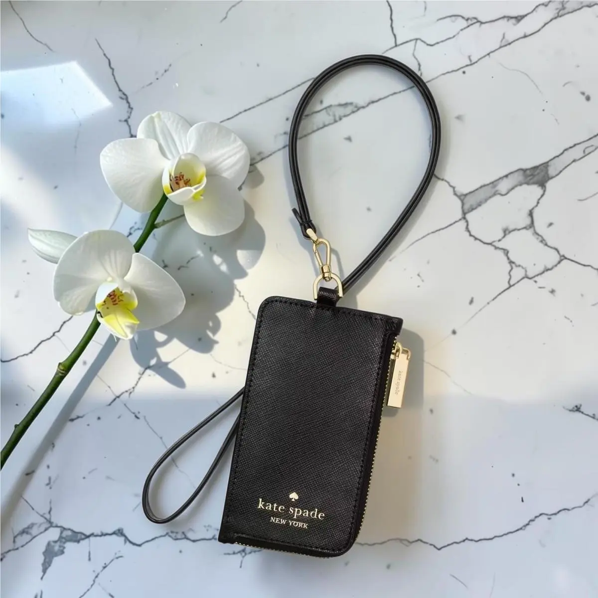 Kate Spade Card Case Lanyard Black Leather ID Window Zip Wallet KN779