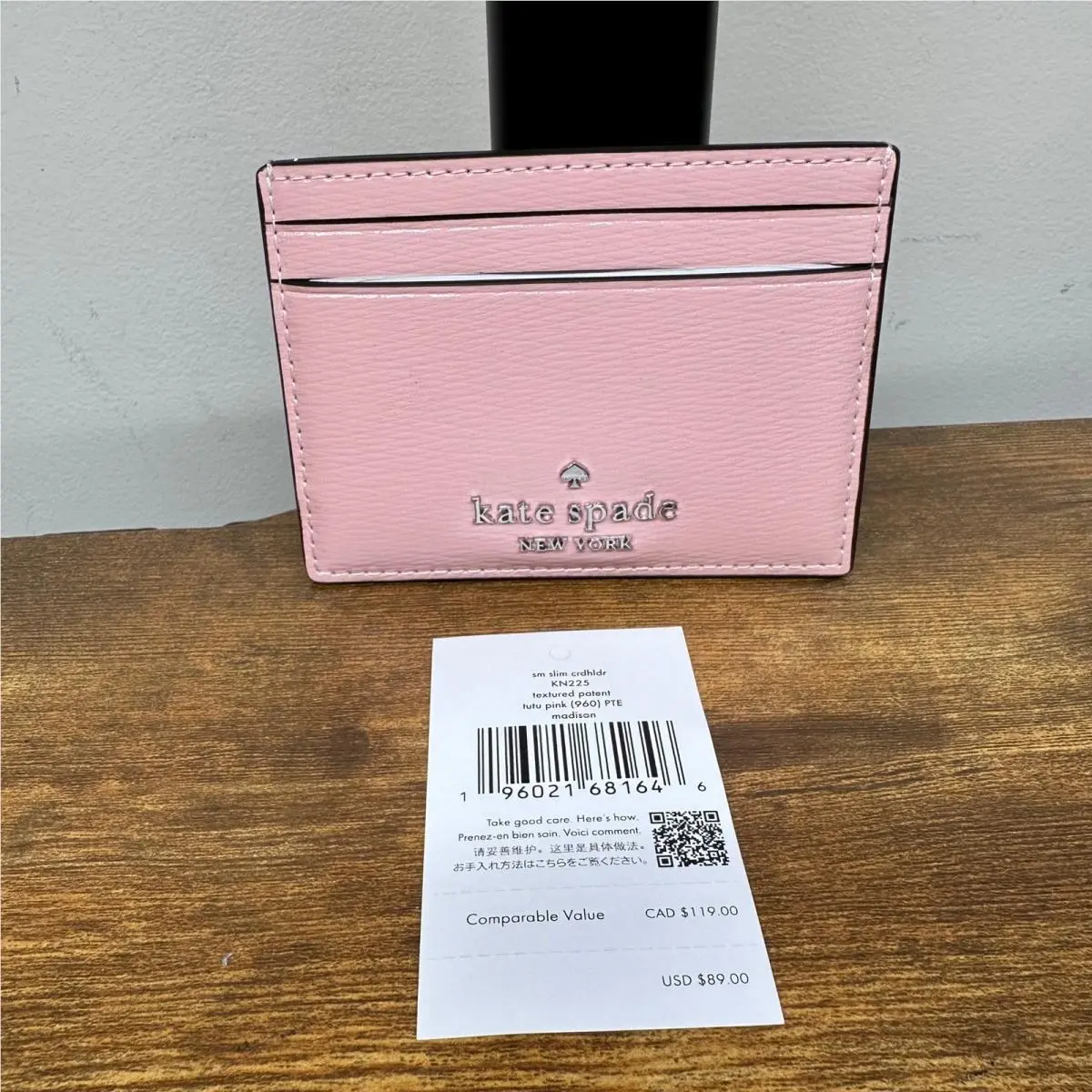 Kate Spade Madison Small Slim Card Holder Tutu Pink Textured Patent KN225 New