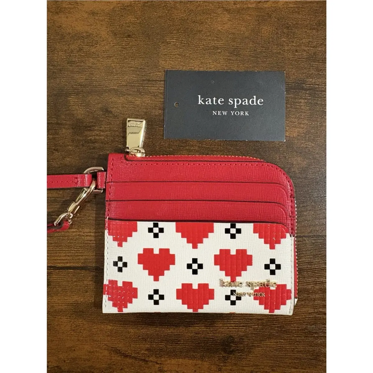 Kate Spade Devin In Red Pixel Heart Coin Card Case Wristlet Wallet