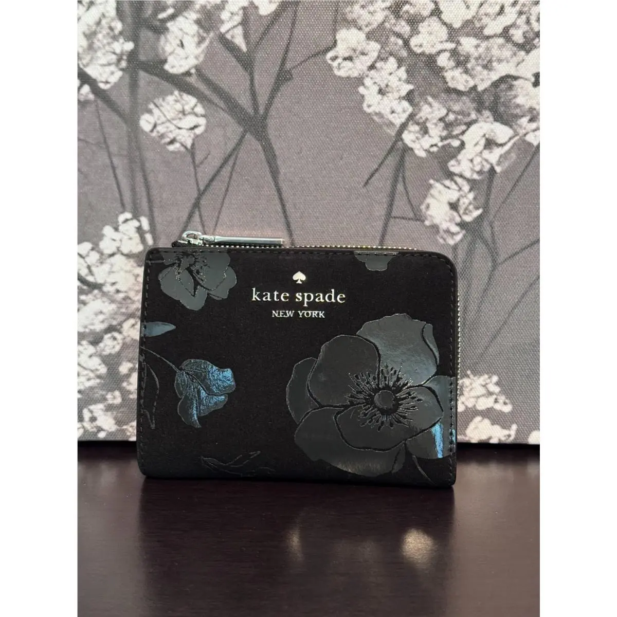 New Kate Spade Floral Suede Small L-zip Wallet - Black