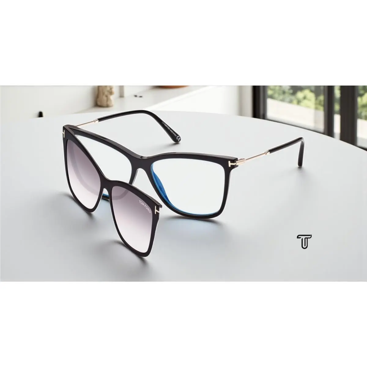 Tom Ford FT5824-B 001 Cat Eye Shiny Black Demo Lens 56 mm Women`s Eyeglasses