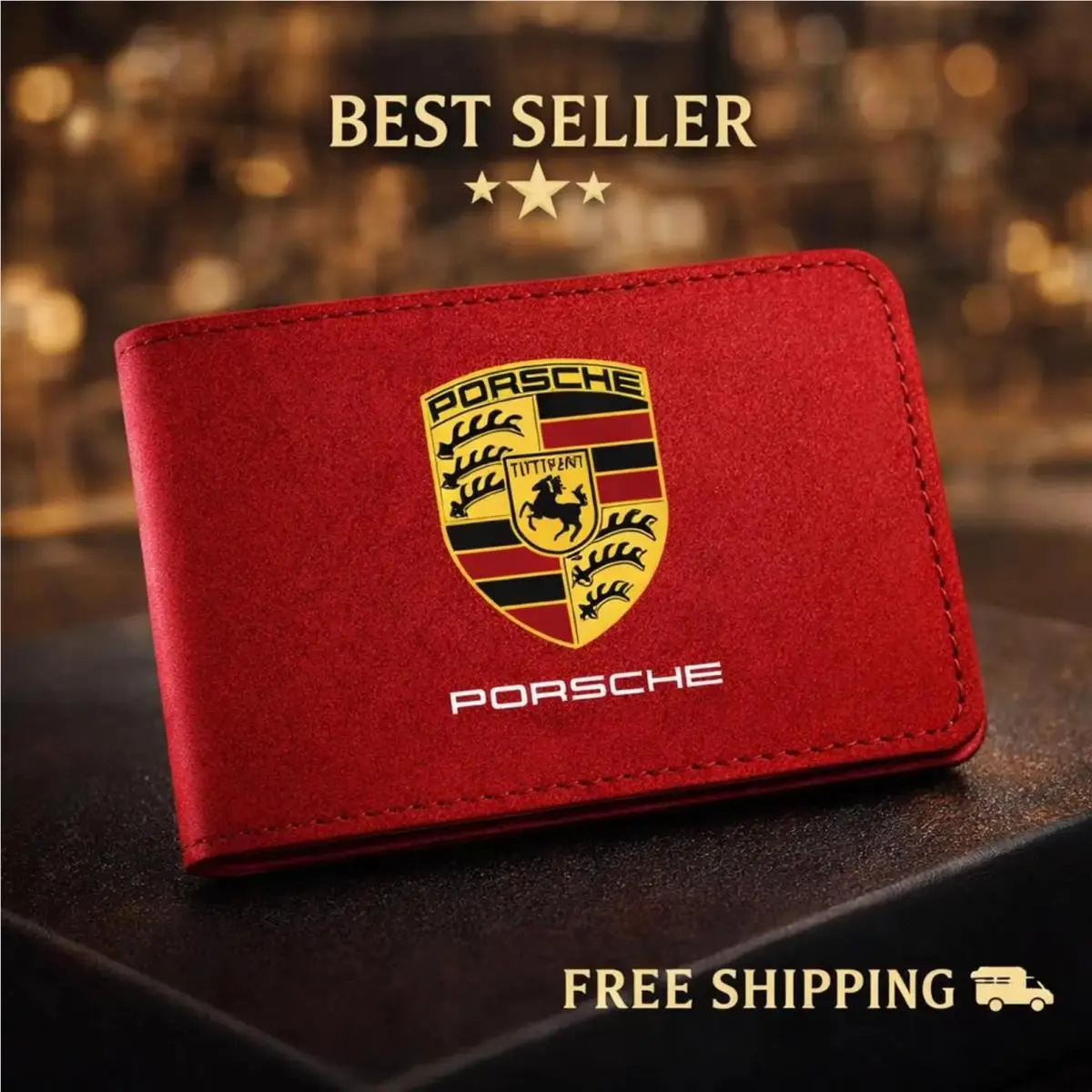 Red Suede Bifold Wallet – Porsche Car Accessory 10.5 cm x 8 cm