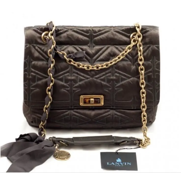Paris Handbag Brown Quilted Shoulder Bag Satin Matelasse Happy w Tags by Lanvin