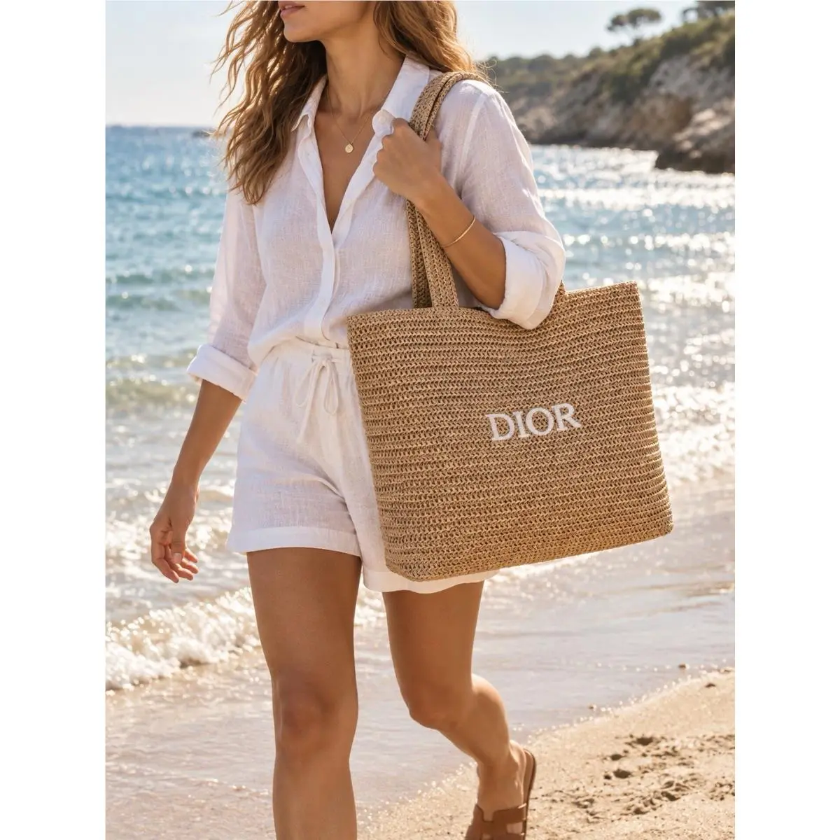 Dior Beauty Large Woven Raffia Tote Beige Tan Beach Shopper White Logo Gwp