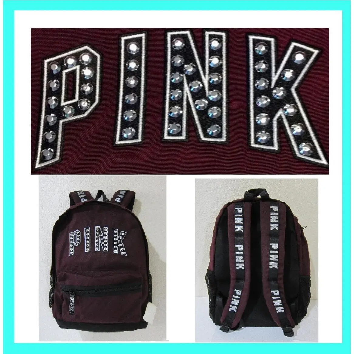 Bling Victoria Secret Pink Black Orchid Maroon Campus Backpack Book Bag Carry ON