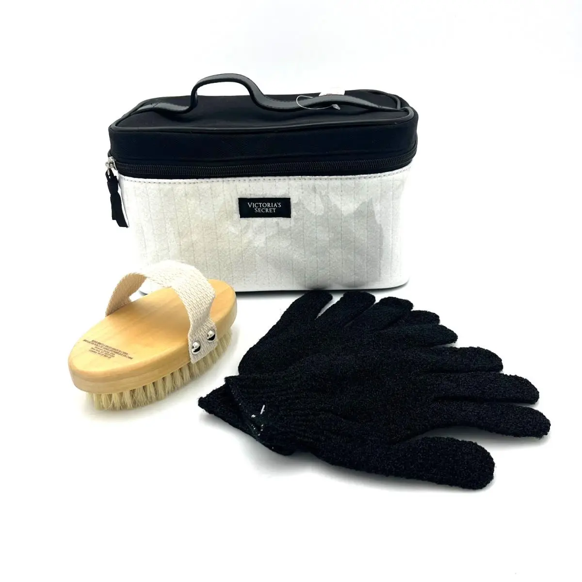 Victoria`s Secret Travel Bag Shower Kit with Brush Gloves White and Black by Victoria's Secret