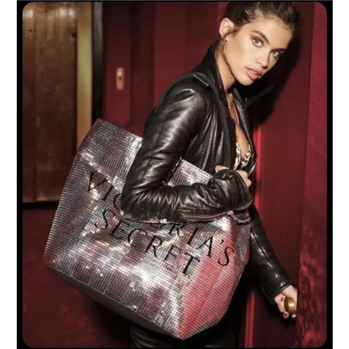 Victoria`s Secret Pink Silver Sequin Tote Bag Purse W/ Body Care Samples