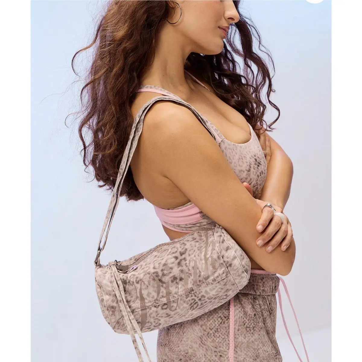 Victoria`s Secret VS Pink Beige Leo Haze Leopard Print Canvas Rolled Duffle Shoulder Bag